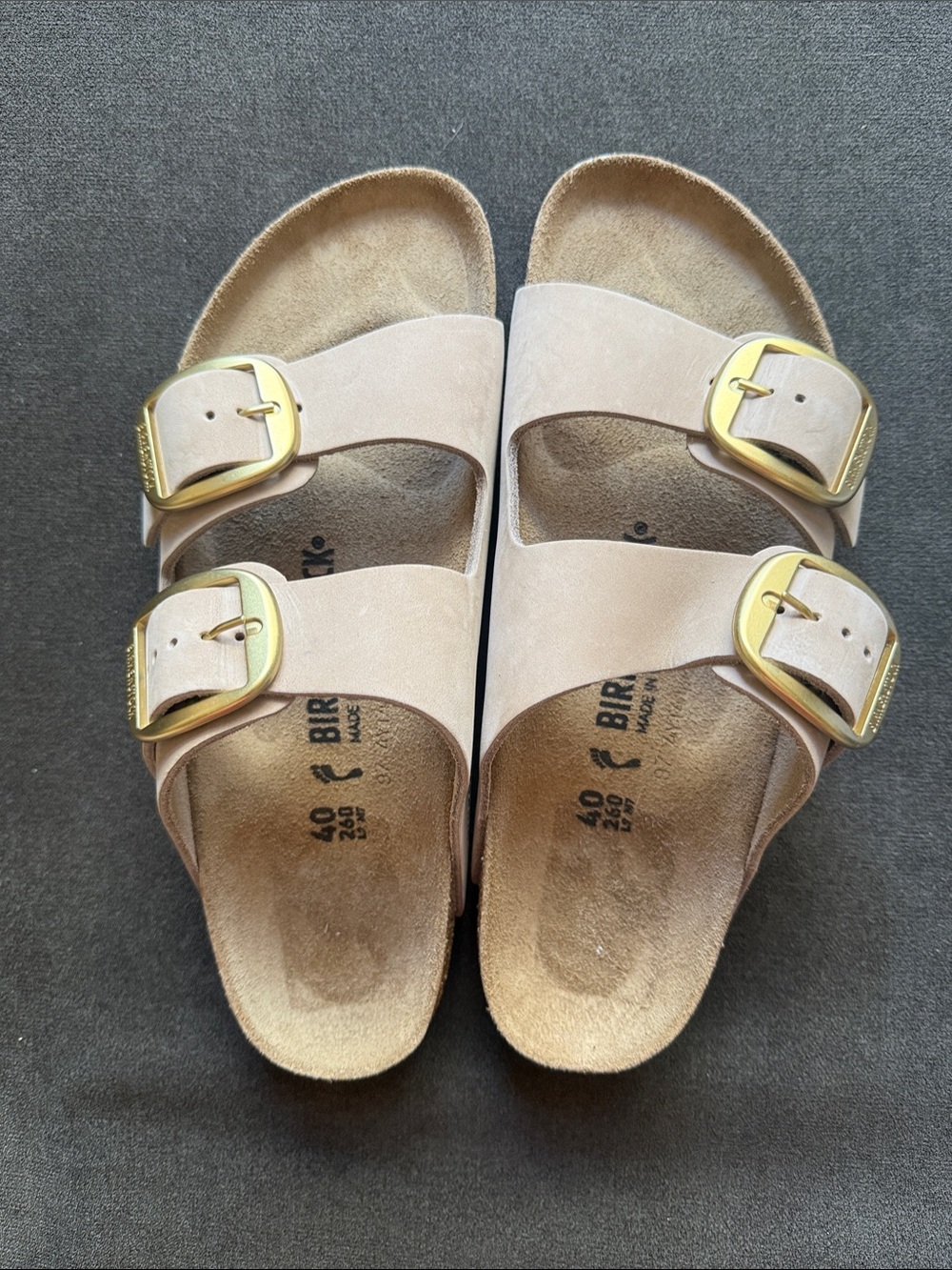 Birkenstock Arizona Beige Suede Sandals with Gold Buckles